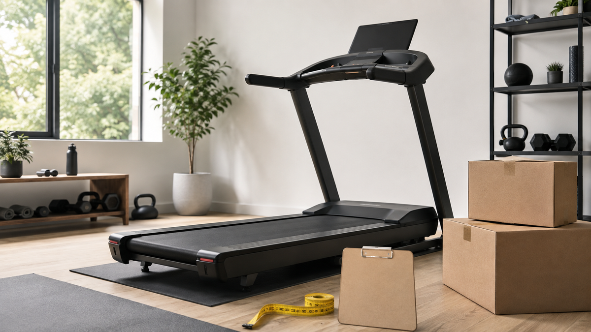 Home treadmill with delivery boxes and measuring tape for shopping research