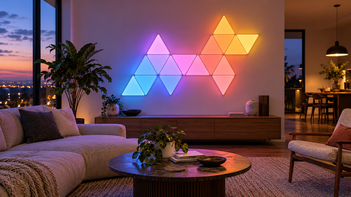 Unbranded modular triangle smart light panels arranged in a geometric pattern on a modern wall