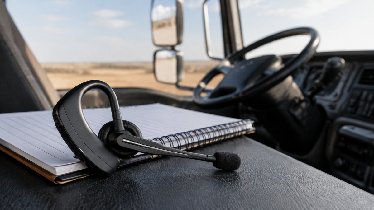 Generic Bluetooth trucker headset with boom microphone in a vehicle cab setting