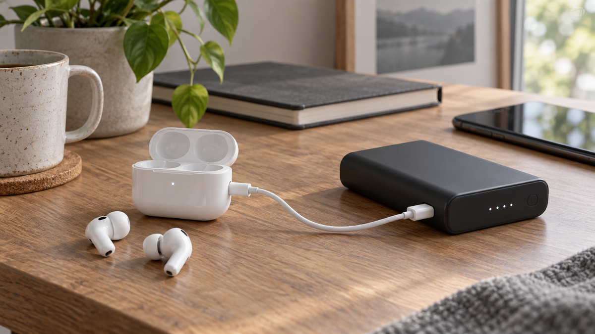 Wireless earbuds and charging case connected to a power bank