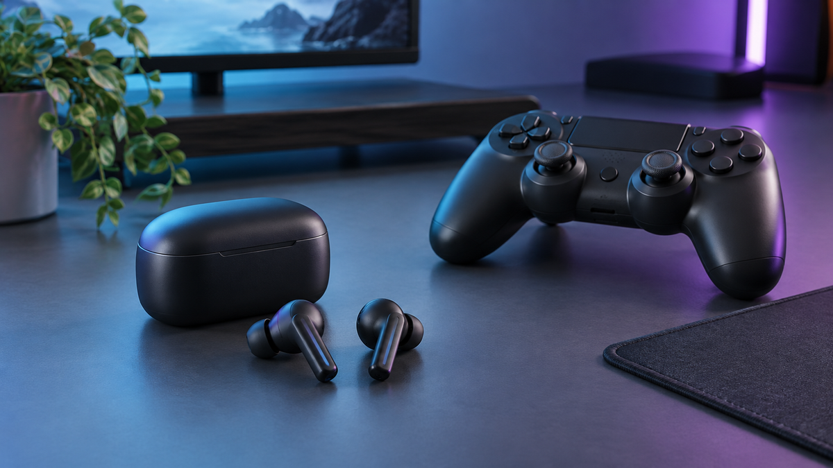 Unbranded true wireless gaming earbuds beside a generic handheld game controller