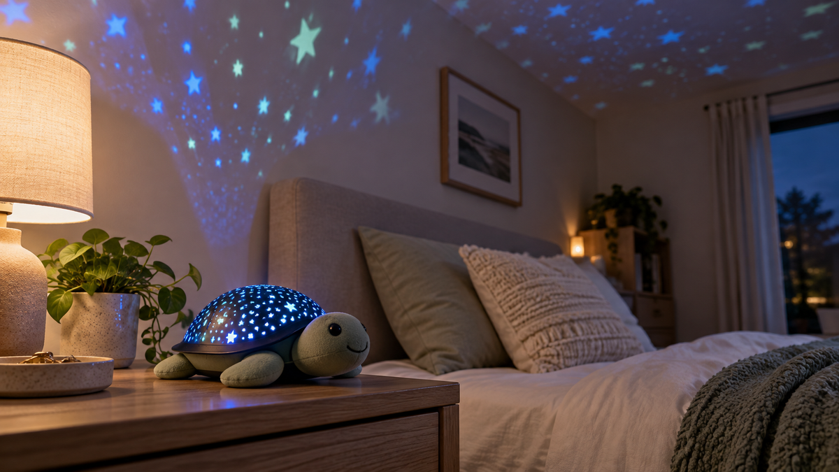Unbranded turtle-shaped star projector casting soft stars on a bedroom ceiling