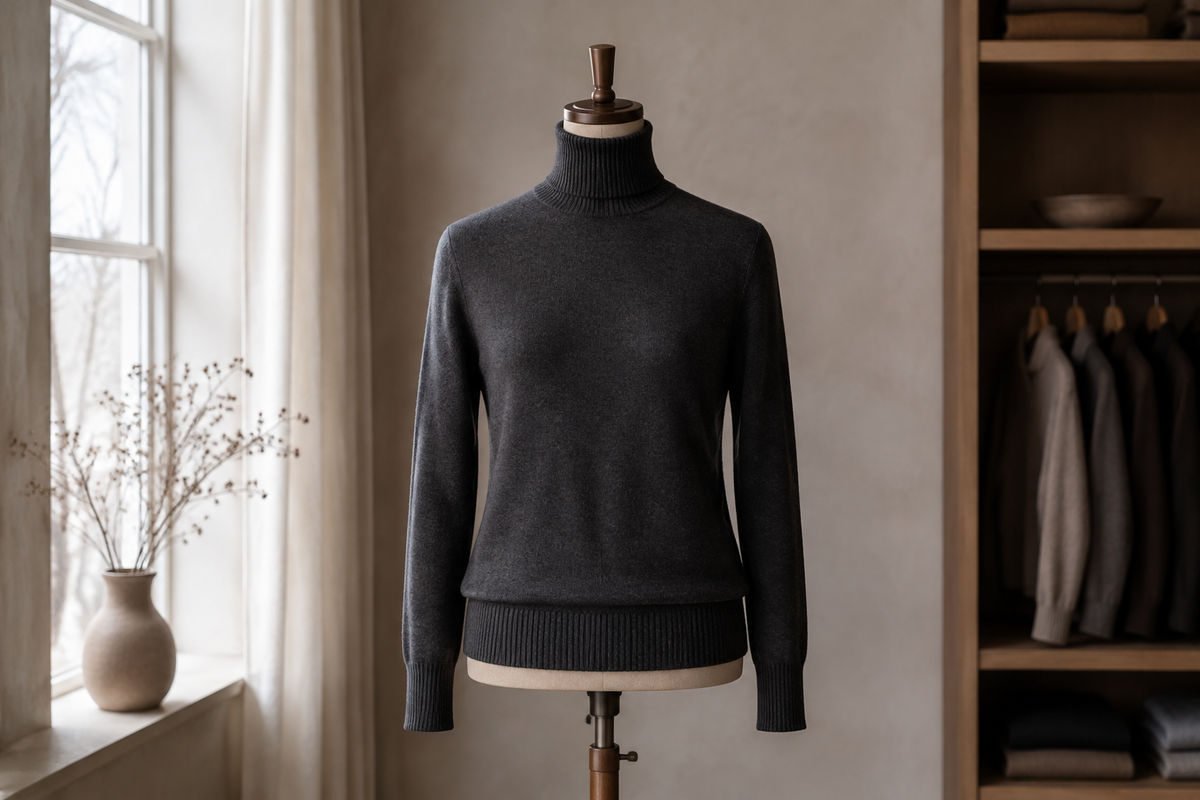 Charcoal turtleneck sweater on a dress form in a refined wardrobe studio