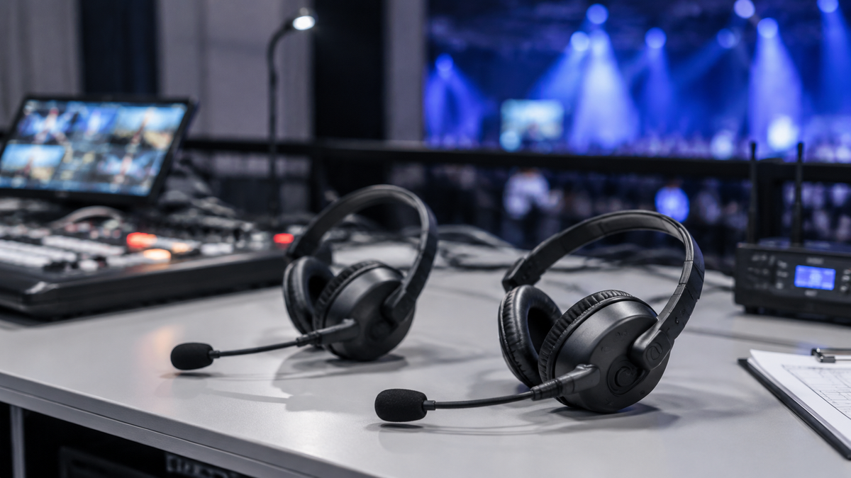 Two unbranded wireless communication headsets with boom microphones