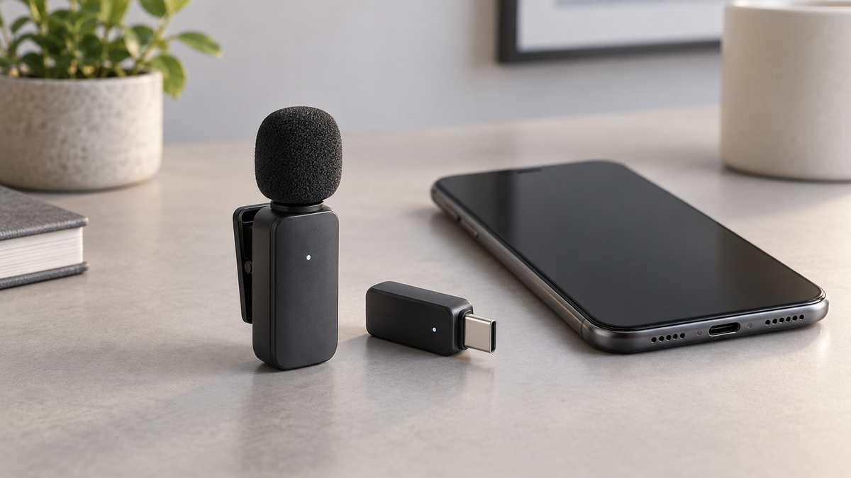 Unbranded compact wireless microphone transmitter and USB-C receiver beside a blank-screen phone
