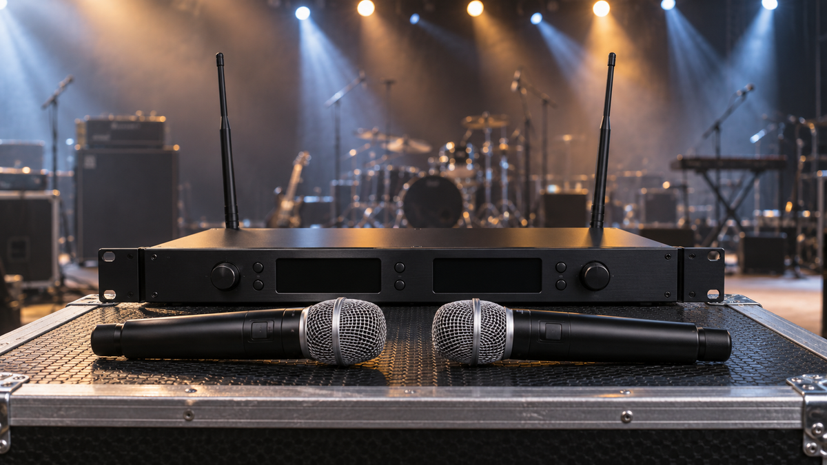 Unbranded UHF wireless microphone system with two handheld microphones and rack receiver