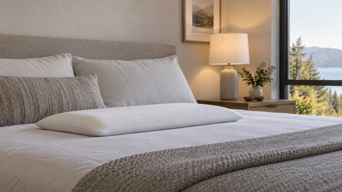 Ultra thin memory foam pillow displayed on a neatly made bed