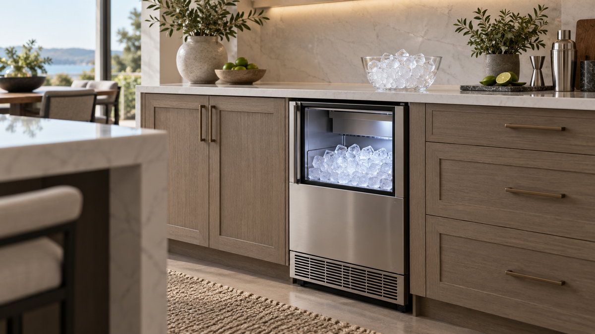 Unbranded under-counter clear ice maker installed beneath a clean kitchen worktop