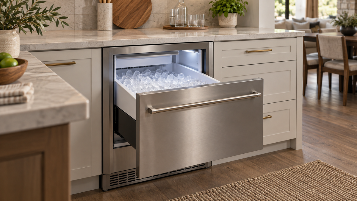 Unbranded under-counter ice maker freezer installed beneath a clean kitchen counter