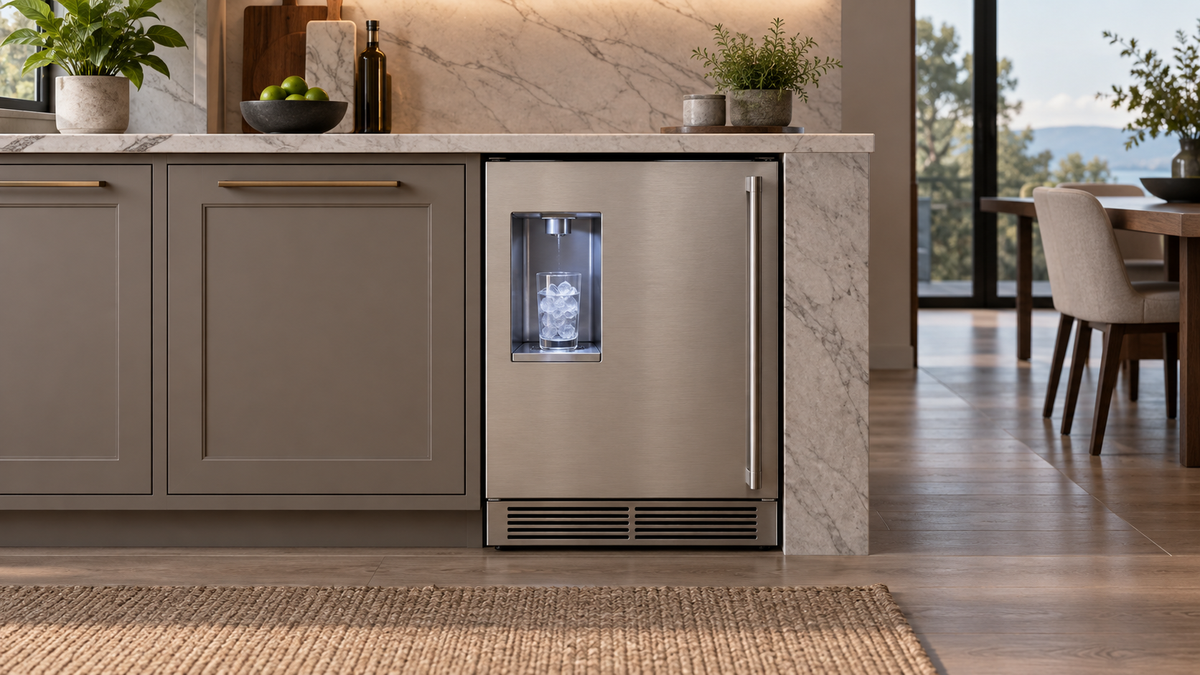 Unbranded under-counter ice maker with water dispenser installed in a modern kitchen