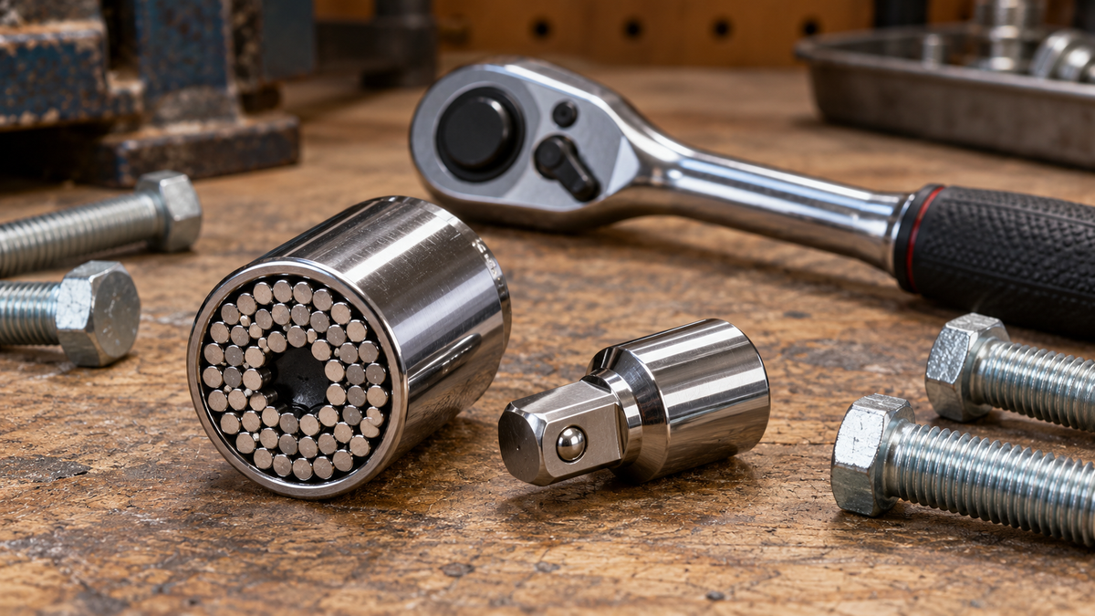 Spring pin universal socket and drive adapter beside a ratchet and hex bolts