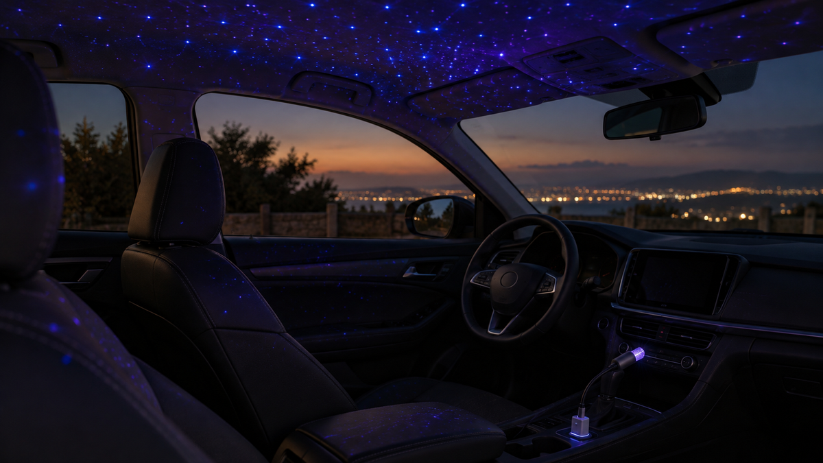 Unbranded USB star projector creating subtle decorative points inside a parked car cabin