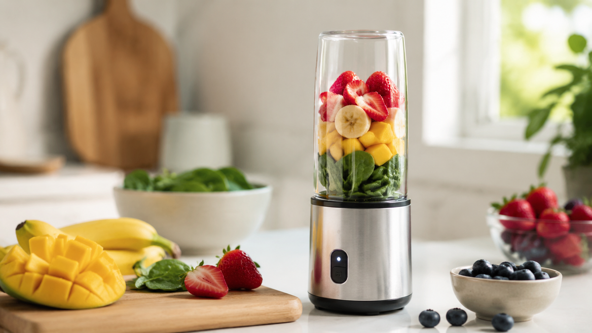 Compact USB smoothie blender with fruit on a kitchen counter