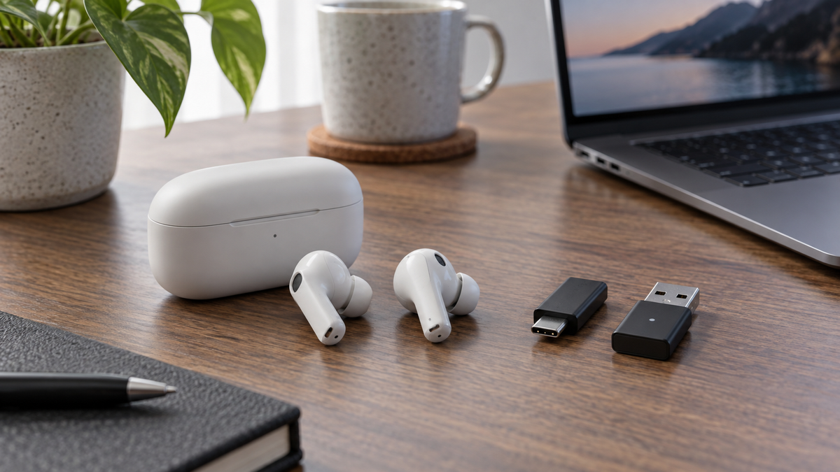 Unbranded wireless earbuds beside USB-C and USB-A audio dongles on a desk