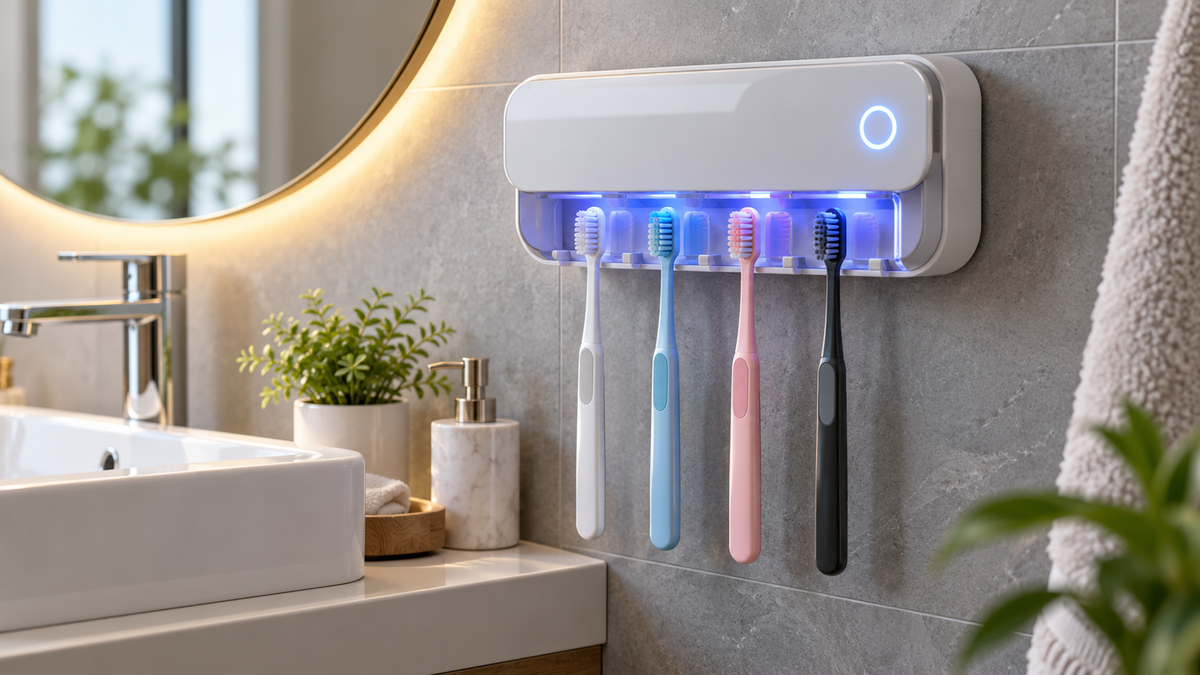 Wall-mounted UV toothbrush holder storing four toothbrushes in a clean bathroom