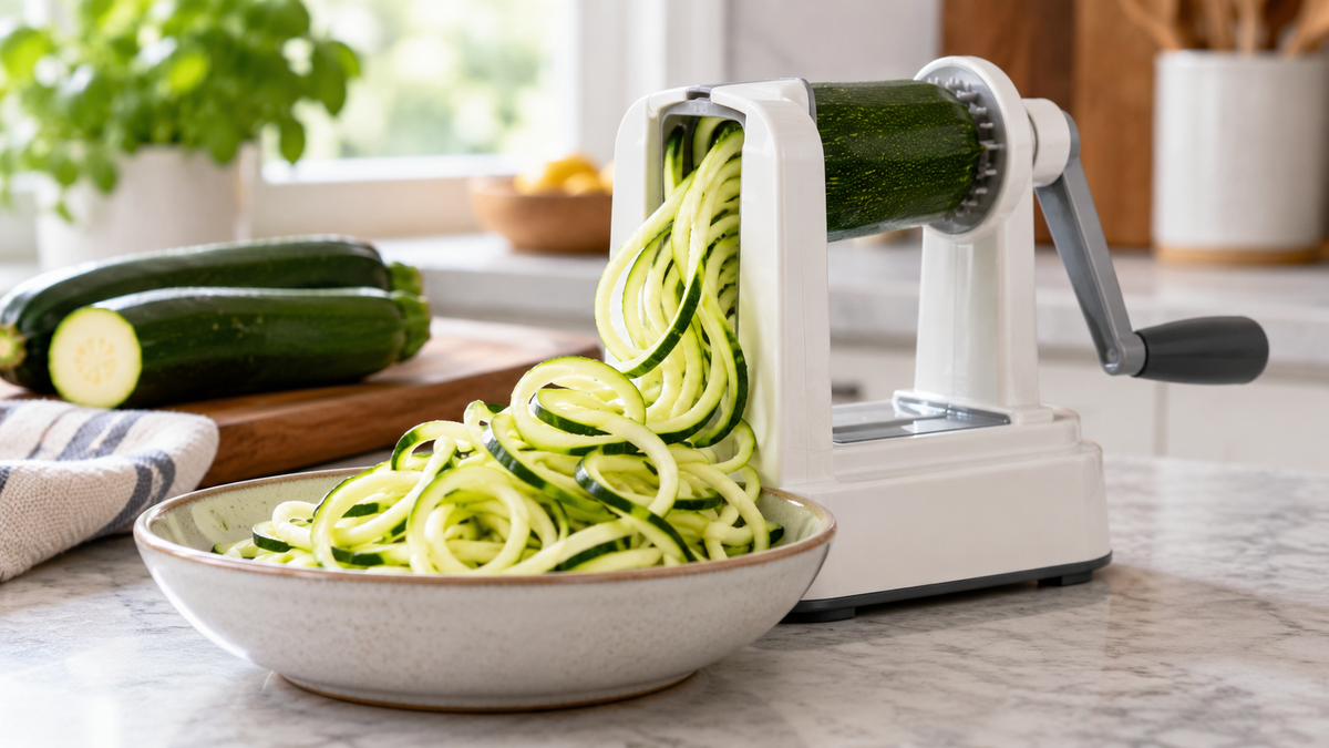 Manual vegetable spiralizer producing zucchini ribbons into a bowl