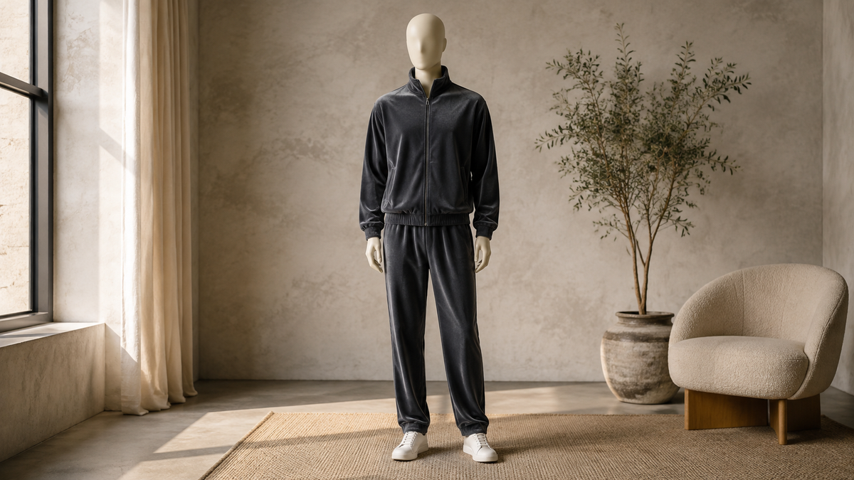 Dark velour tracksuit displayed on a mannequin in a neutral room