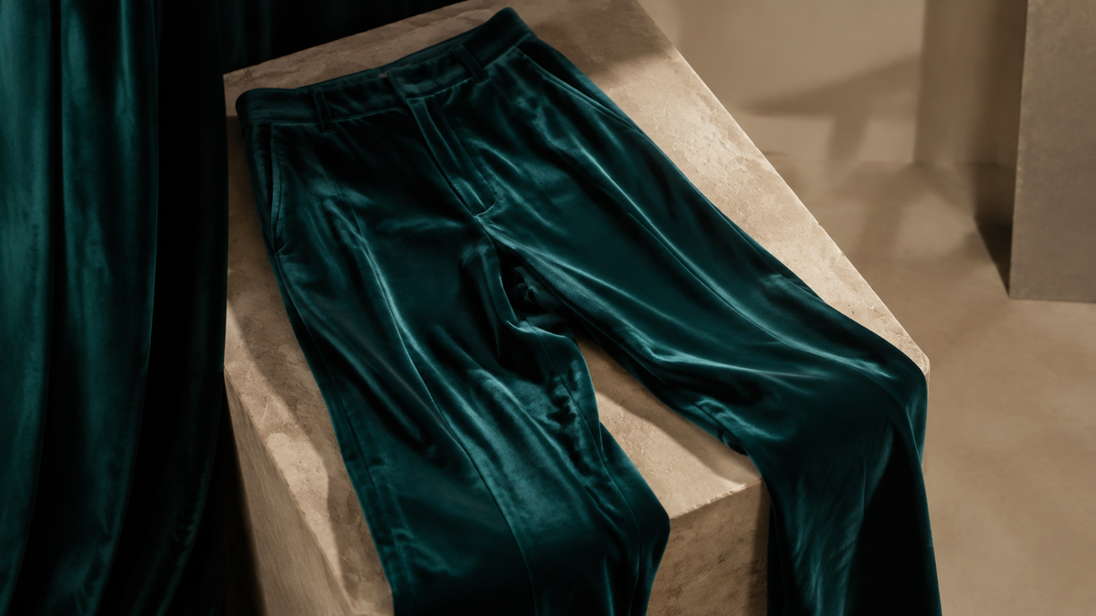 Jewel-tone velvet pants showing pile and drape
