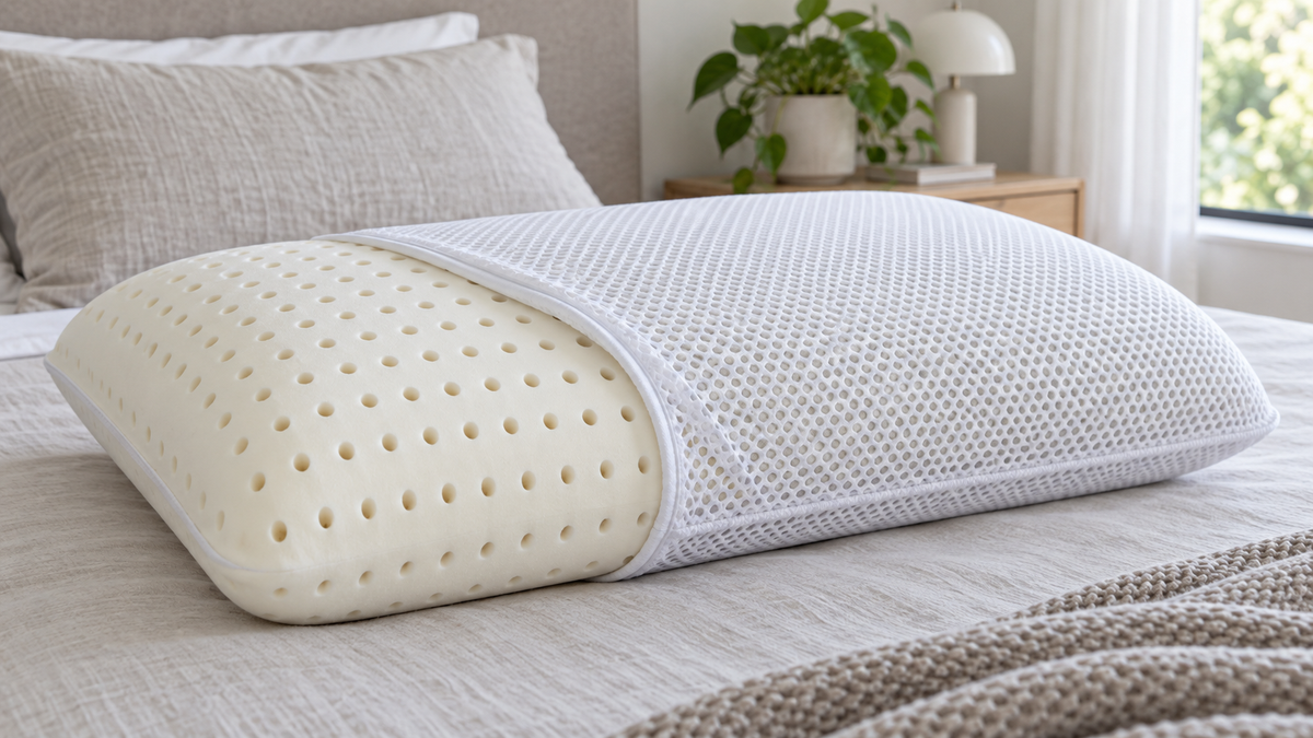 Unbranded ventilated pillow with perforated inner core and breathable mesh cover on a neutral bed