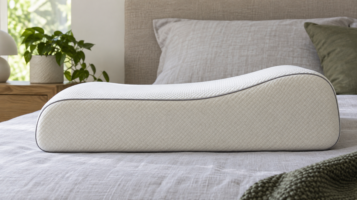 Unbranded very firm memory foam pillow shown in profile on a neutral bed