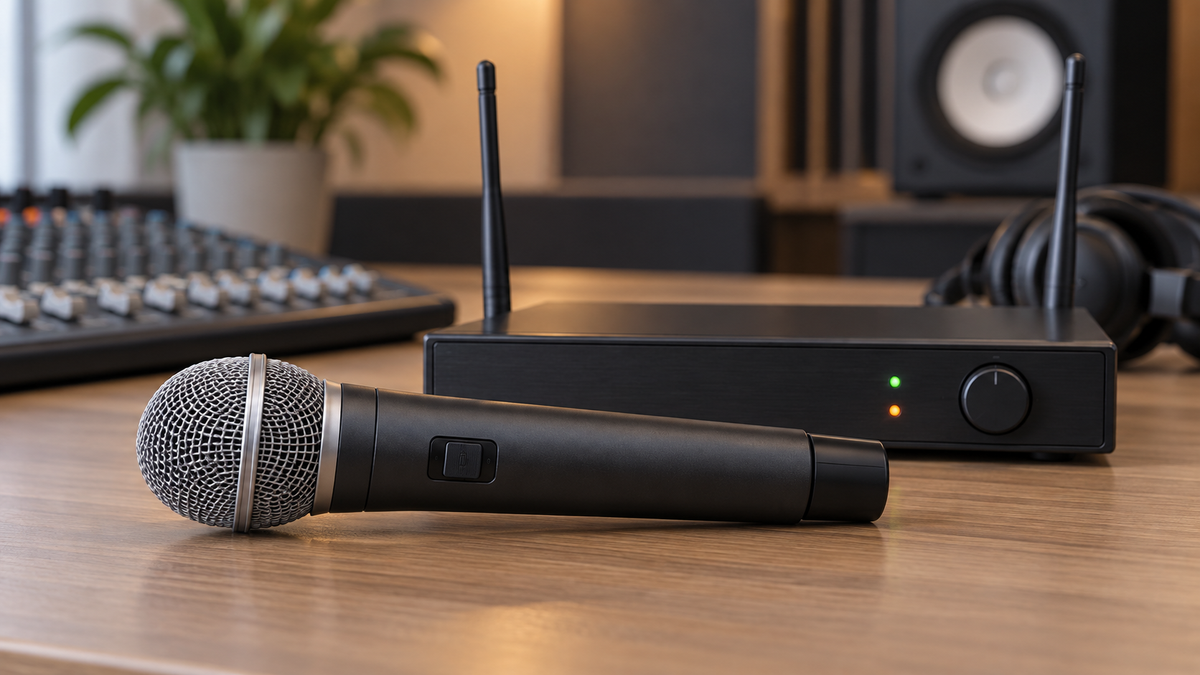 Generic VHF microphone and receiver on an audio desk