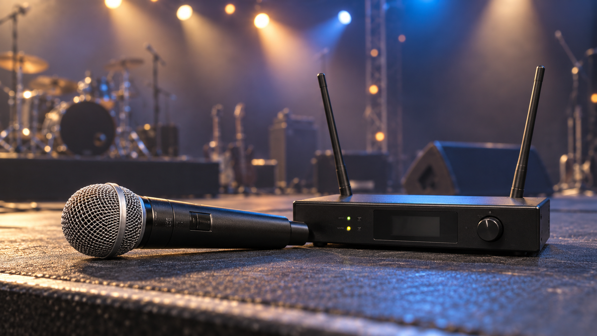 Unbranded handheld VHF wireless microphone beside its receiver and antennas on a small stage
