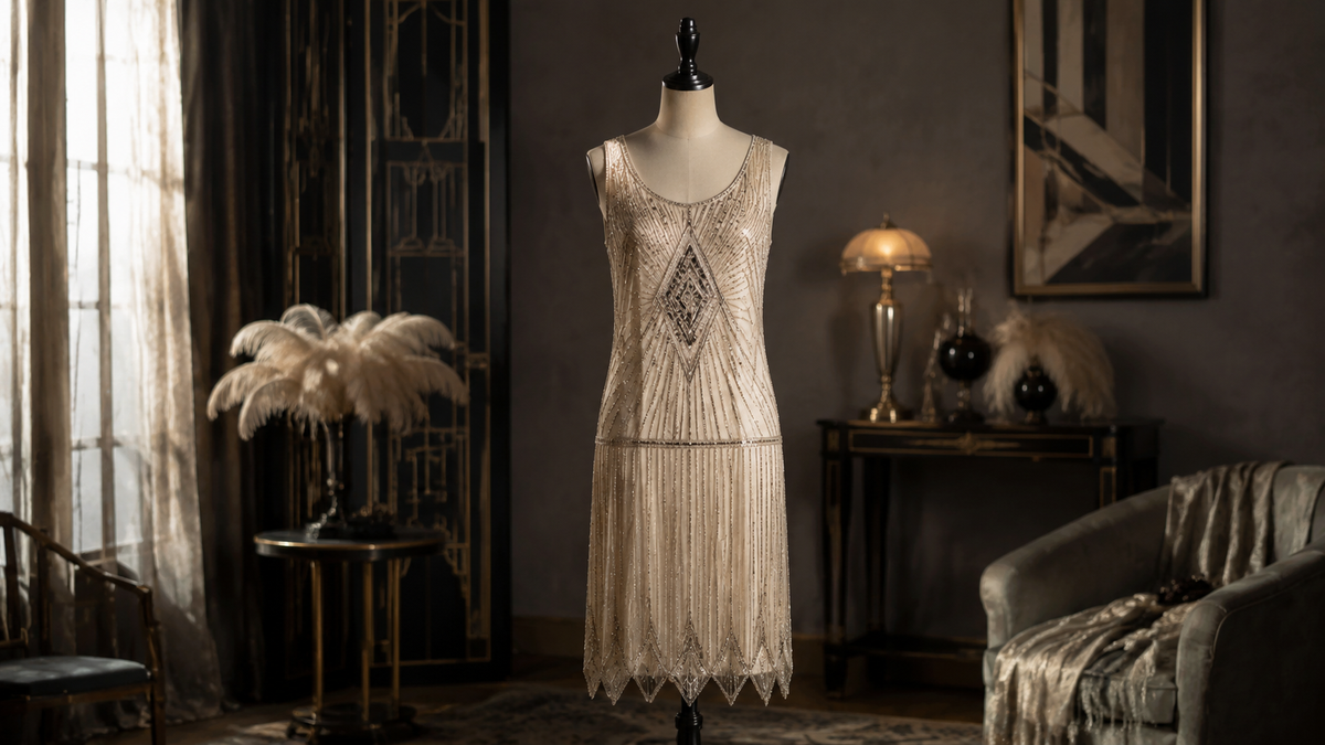 1920s-inspired dress with dropped waist and geometric embellishment