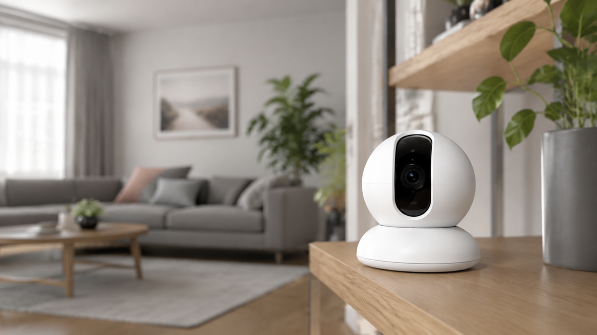 Unbranded panoramic 360 security camera on a living room shelf