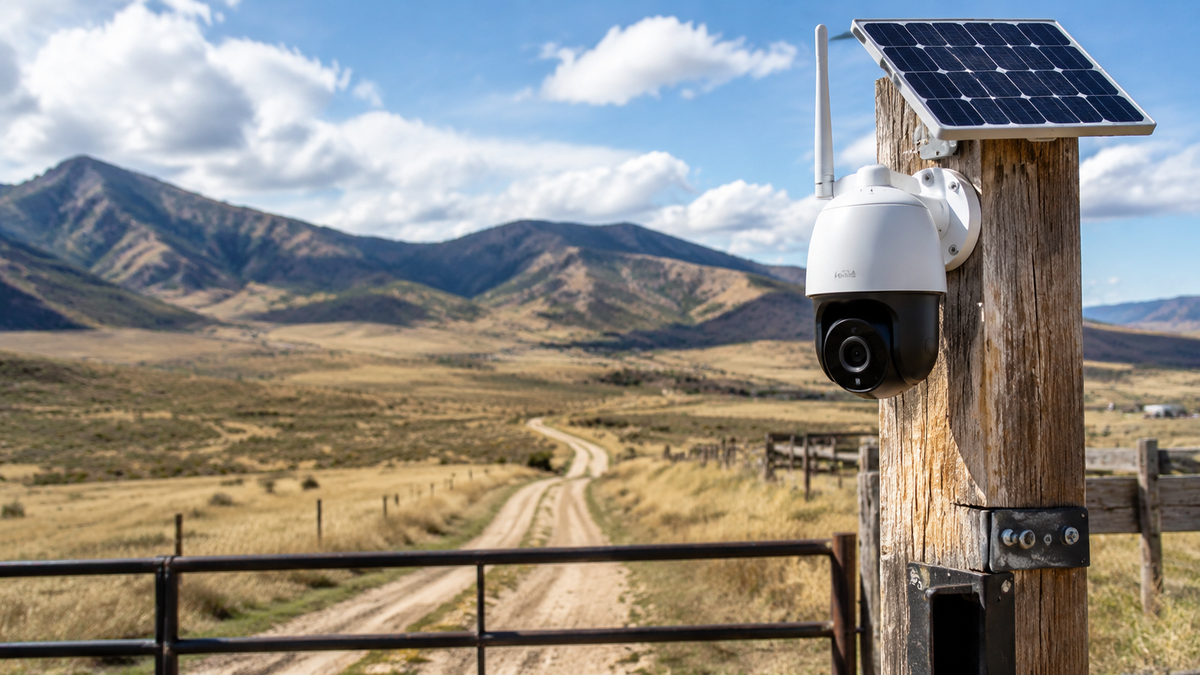 Unbranded 4G security camera with solar panel overlooking a remote gate