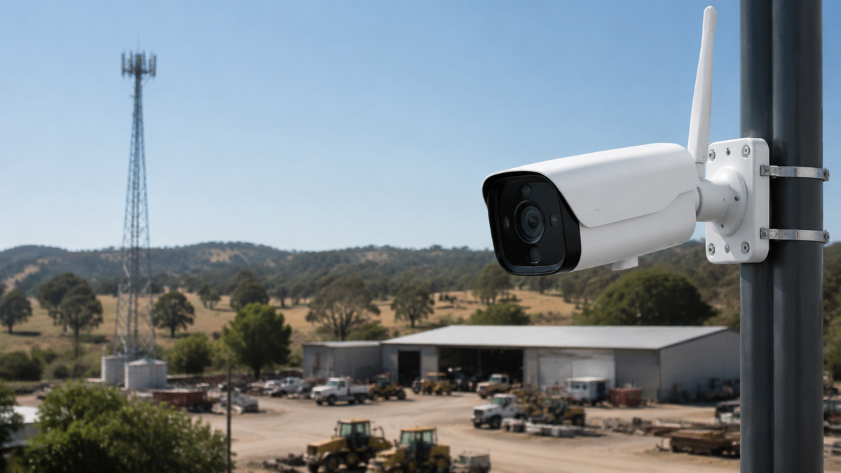 Unbranded 5G cellular security camera monitoring a remote commercial yard