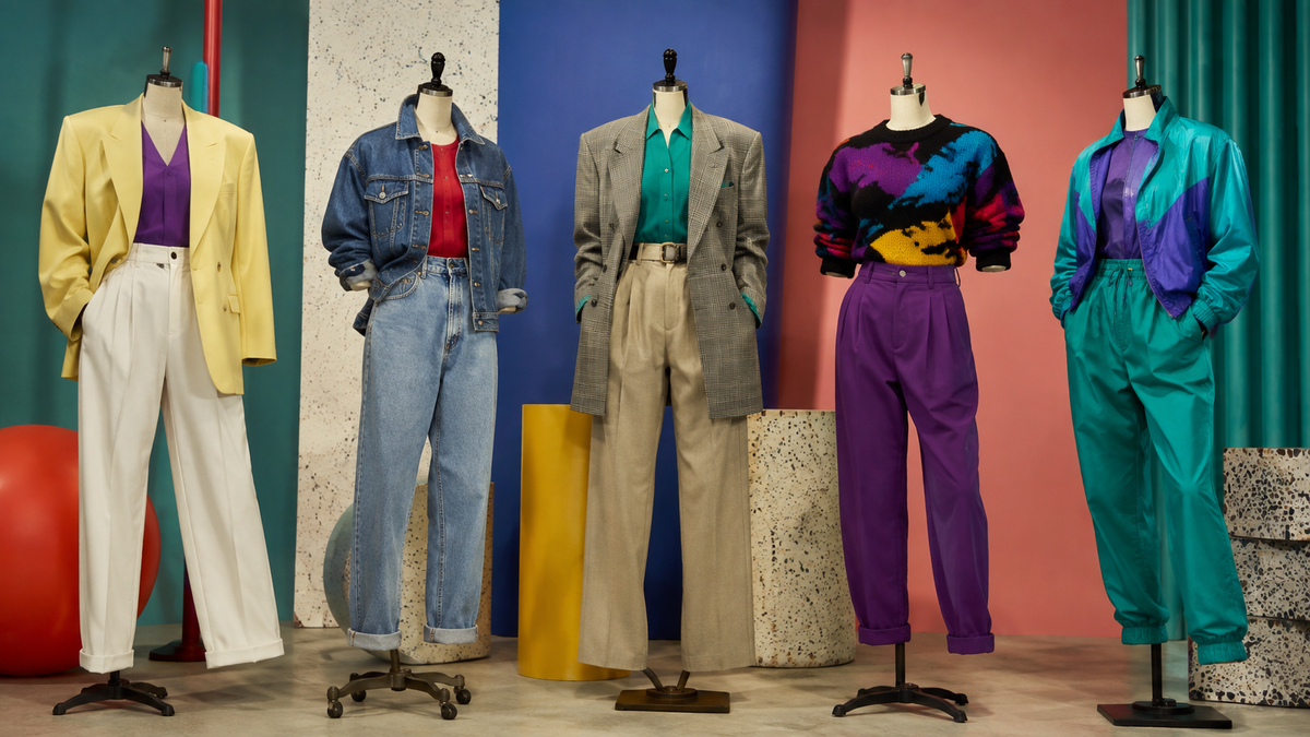 Unbranded 1980s-inspired outfits with tailoring, denim, and bold knitwear