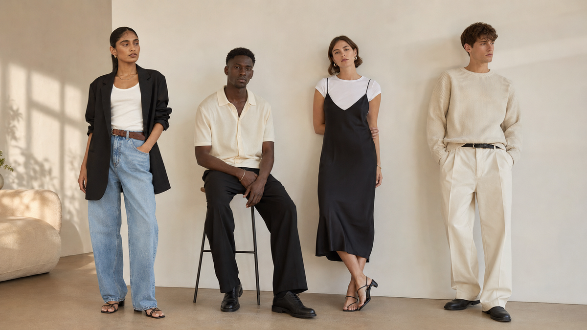 Diverse adult mannequins wearing tasteful 1990s-inspired outfits in a clean studio