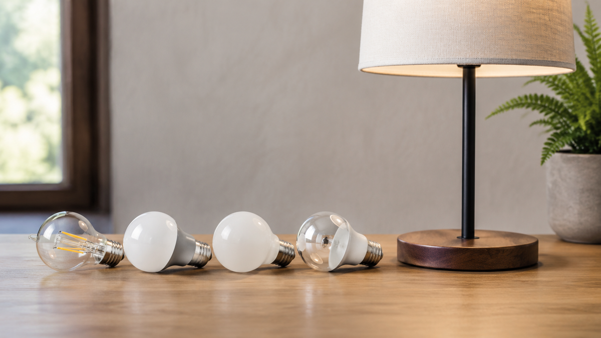 Unbranded A19 bulbs with different finishes beside a modern table lamp
