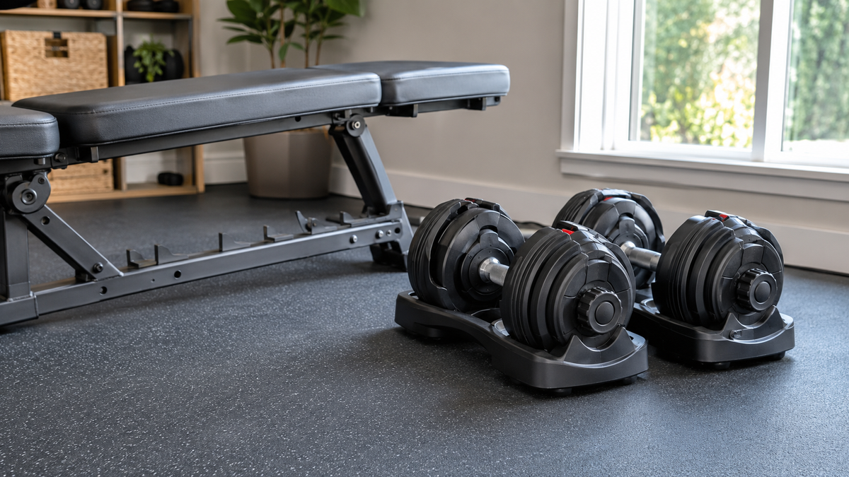 Pair of adjustable dumbbells beside a simple bench in a tidy home gym