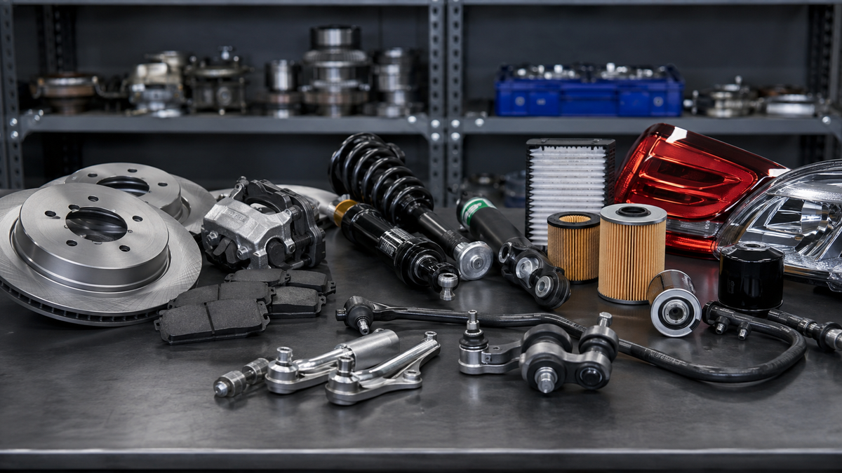 Generic aftermarket brake suspension filter and lighting parts in a professional workshop