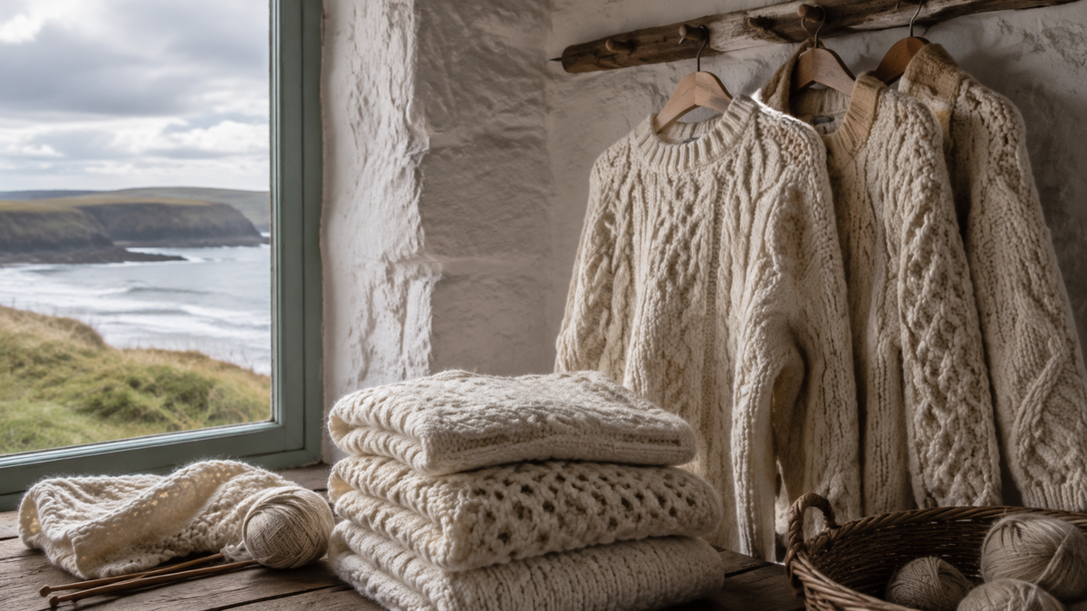 Cream Aran sweaters showing cable and honeycomb knit textures in a coastal cottage