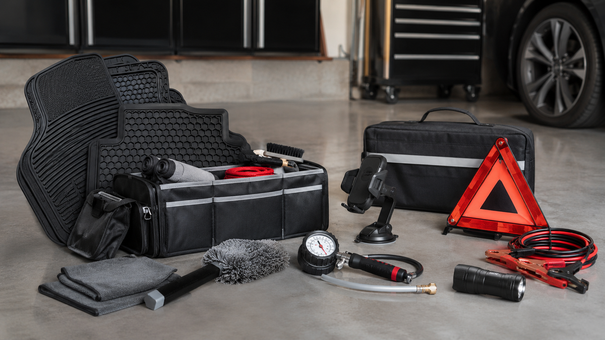 Generic floor mats cargo organizer emergency kit tire gauge and car-care tools