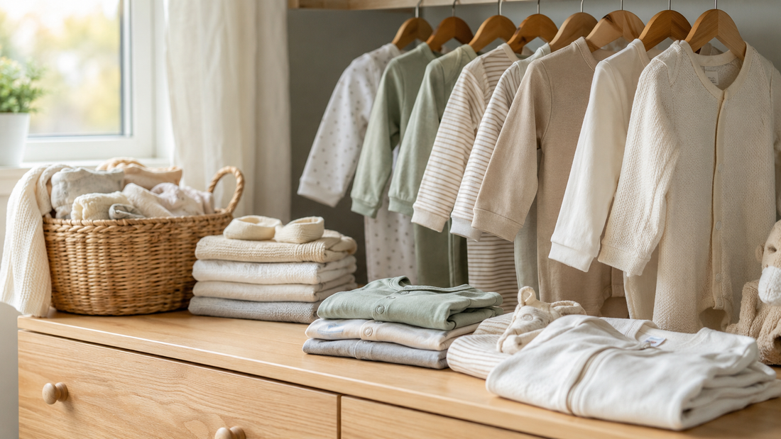 Soft baby clothes neatly arranged in a calm nursery dresser