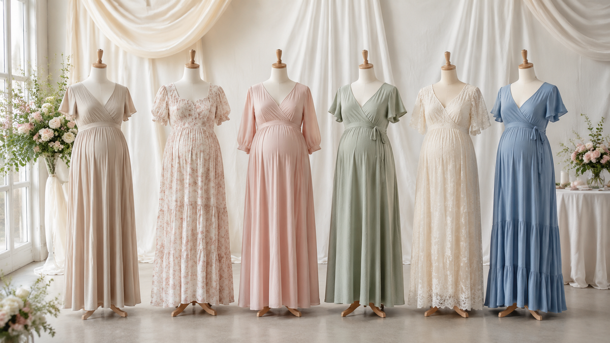 Baby shower dresses in soft pastel and neutral maternity-friendly silhouettes