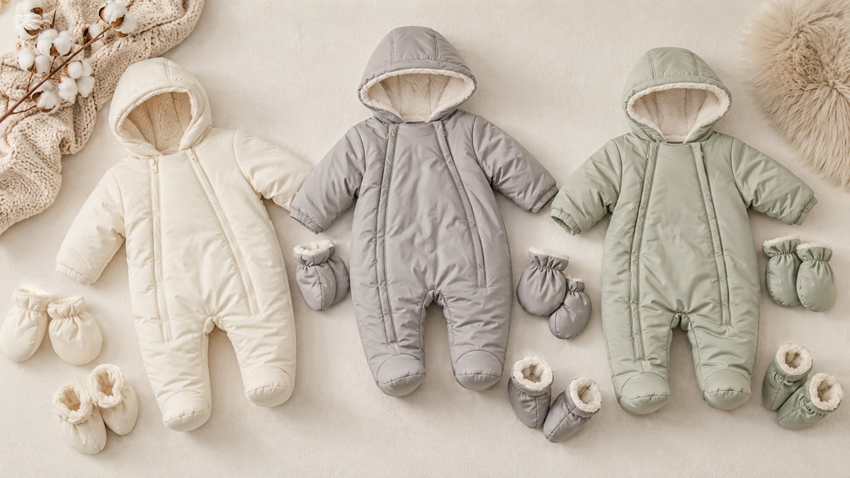 Insulated baby snowsuits with mittens and booties in a clean studio