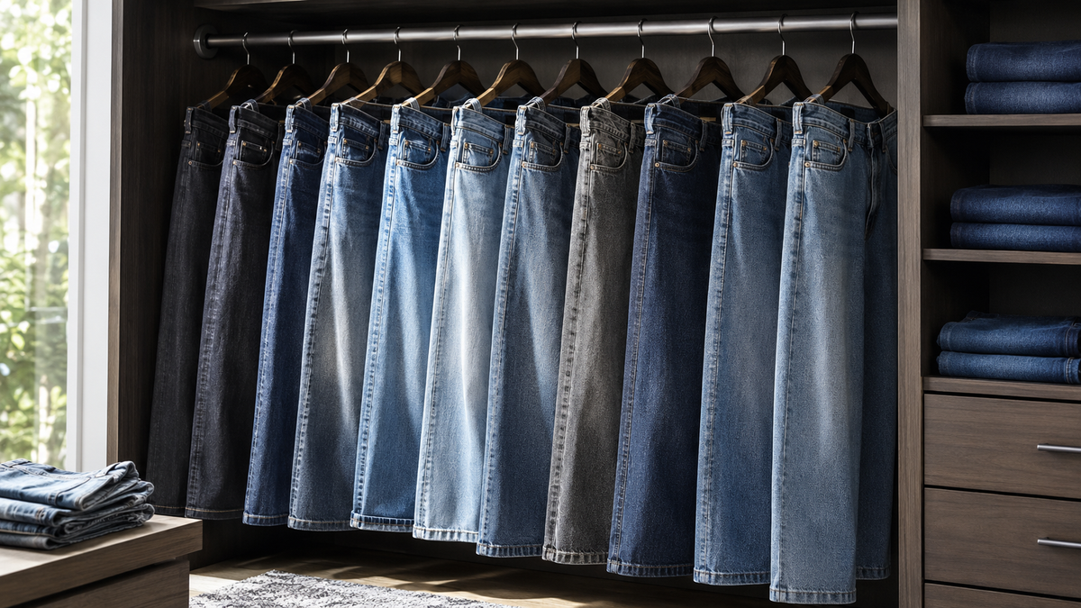 Baggy jeans in varied washes hanging in a modern denim wardrobe