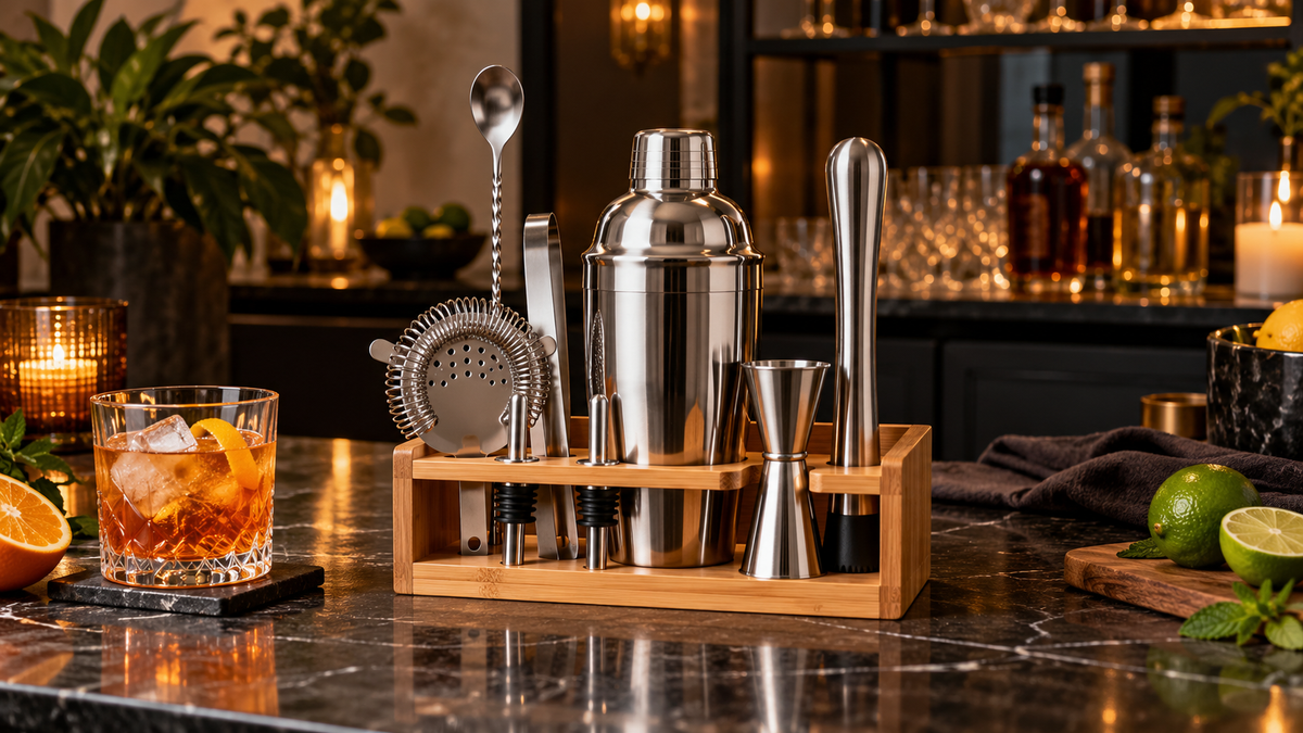 Stainless steel bartender tools arranged in a bamboo organizer on a warm home bar
