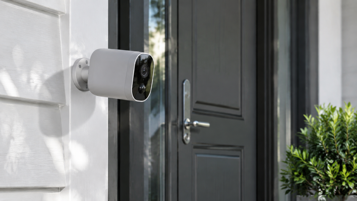 Unbranded battery-powered security camera mounted beside a home entrance