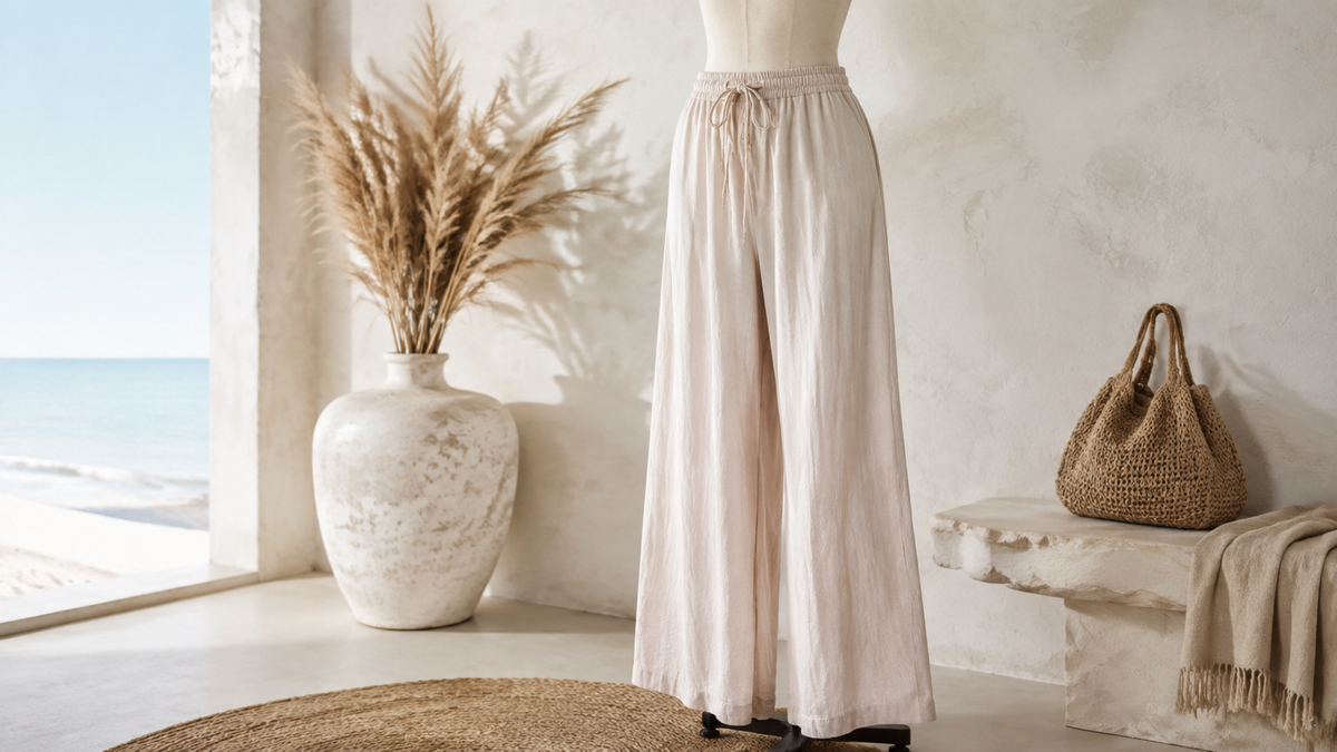 Lightweight flowing beach pants in a coastal-inspired studio