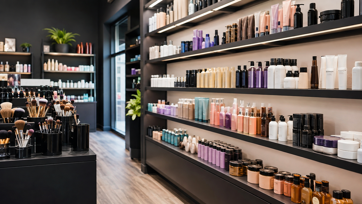 Organized independent beauty supply store with generic hair and cosmetic products
