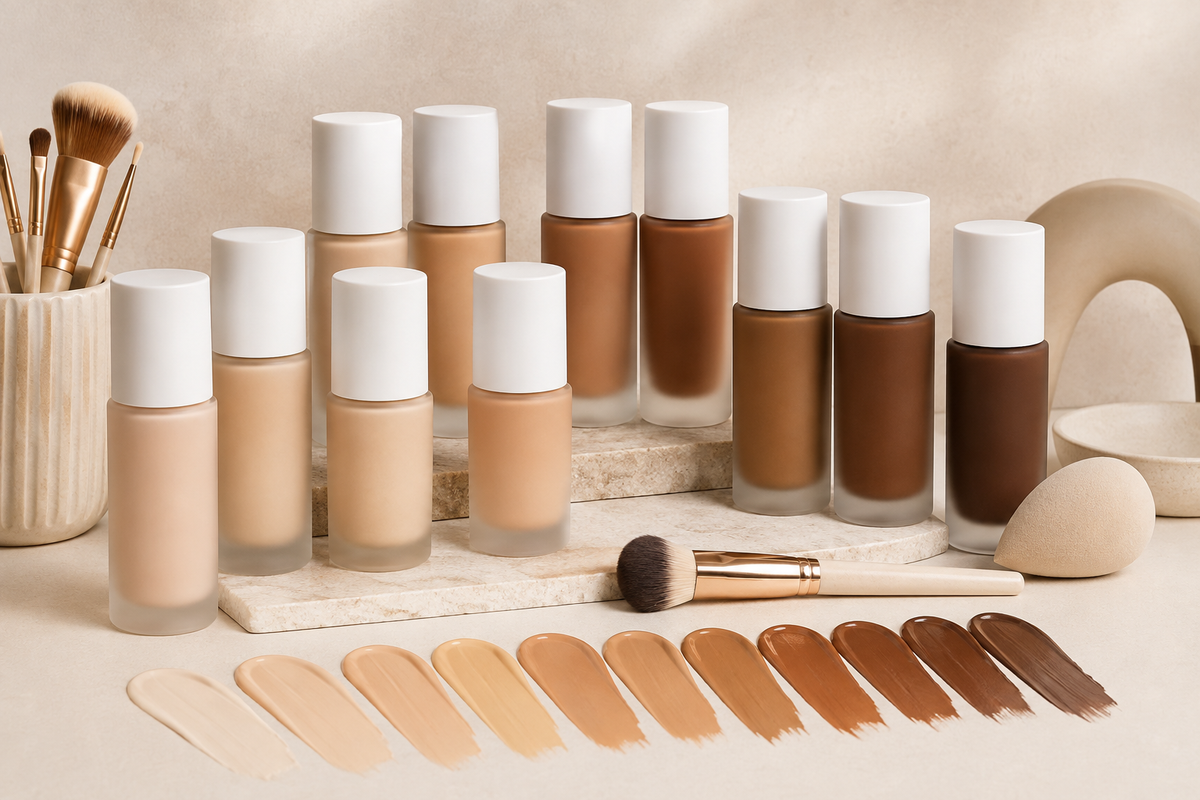 Generic foundation bottles with blank packaging and an inclusive range of shade swatches