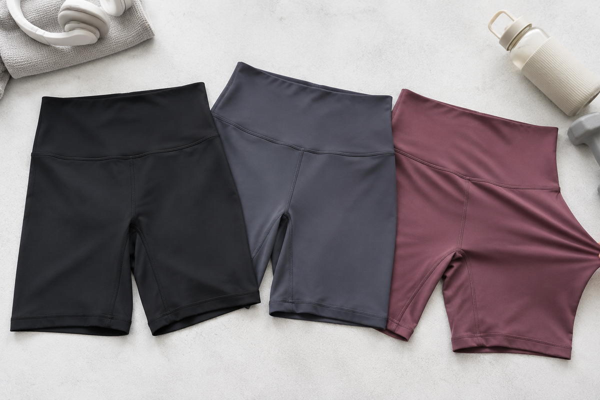 Biker shorts in black slate and berry showing waistbands and flat seams