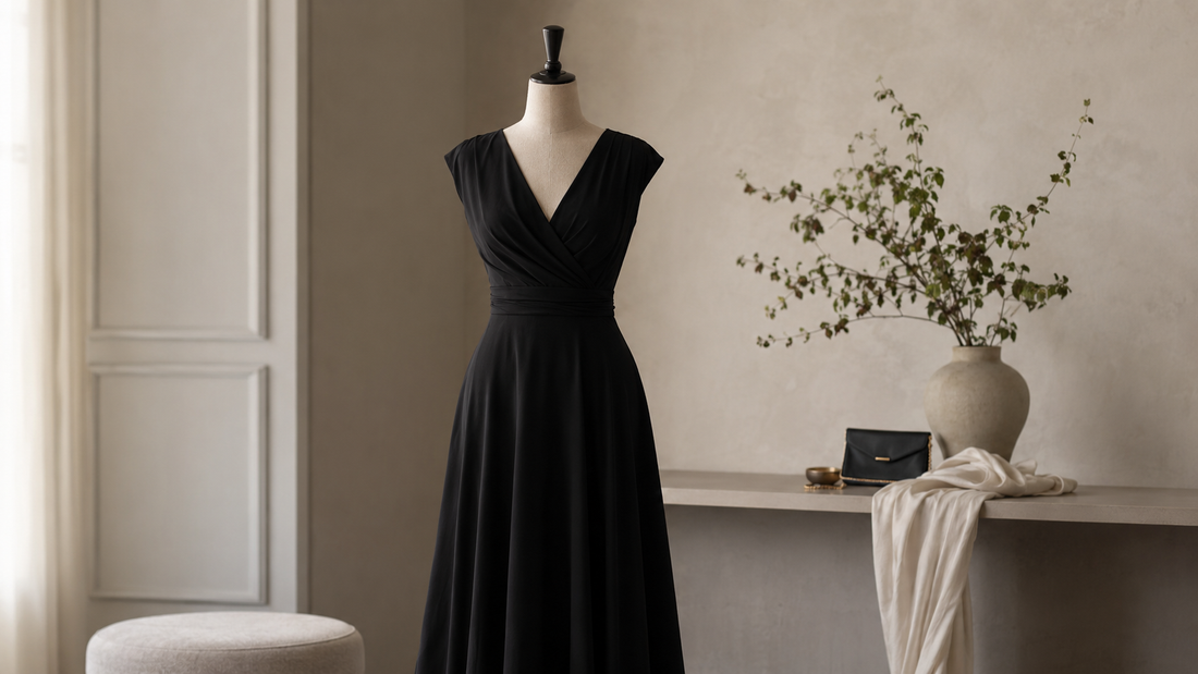 Timeless black dress displayed in an elegant softly lit studio