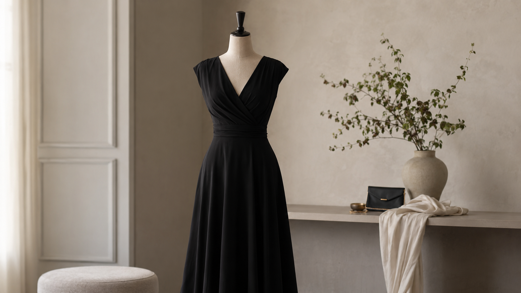 Timeless black dress displayed in an elegant softly lit studio
