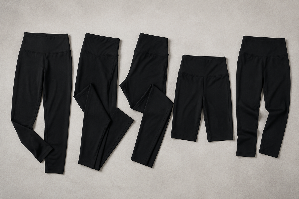 Black leggings in varied lengths showing matte fabric waistbands and seams